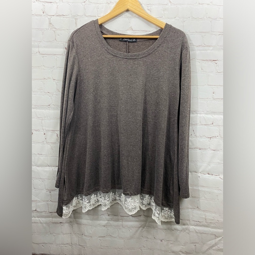 Sanifer Tunic Womens Size Large Taupe Long Sleeve Perk A Boo Lace Hem Detail Top